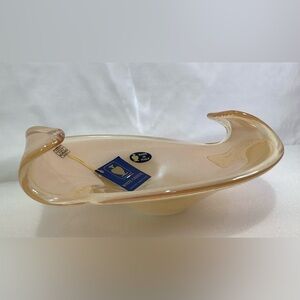 Murano Italy Glass Bowl Hand made Beige w Tags Beautiful Centerpiece